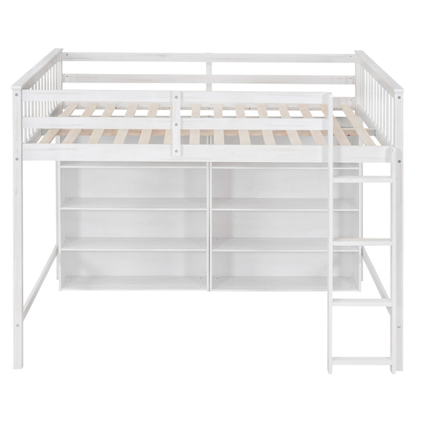 English Elm Full Loft Bed with Built-In Ladder and 8 Open Shelves, Space-Saving Full Pine Wood Study Loft White GX001034AAK
