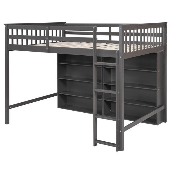 English Elm Full Loft Bed with Built-In Ladder and 8 Open Shelves, Space-Saving Full Pine Wood Study Loft Gray GX001034AAE