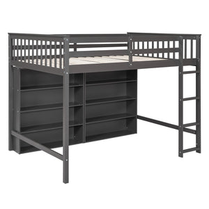 English Elm Full Loft Bed with Built-In Ladder and 8 Open Shelves, Space-Saving Full Pine Wood Study Loft Gray GX001034AAE