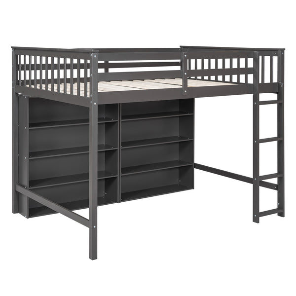English Elm Full Loft Bed with Built-In Ladder and 8 Open Shelves, Space-Saving Full Pine Wood Study Loft Gray GX001034AAE