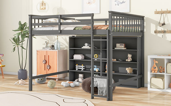 English Elm Full Loft Bed with Built-In Ladder and 8 Open Shelves, Space-Saving Full Pine Wood Study Loft Gray GX001034AAE
