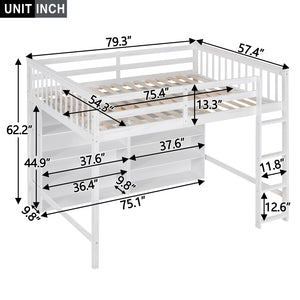 English Elm Full Loft Bed with Built-In Ladder and 8 Open Shelves, Space-Saving Full Pine Wood Study Loft White GX001034AAK