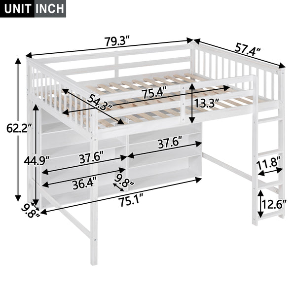 English Elm Full Loft Bed with Built-In Ladder and 8 Open Shelves, Space-Saving Full Pine Wood Study Loft White GX001034AAK