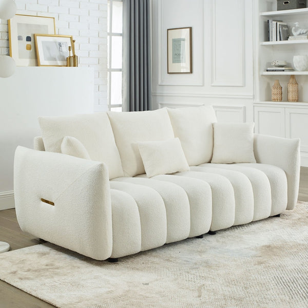 English Elm [video] Mh Plush Teddy Velvet 3-seat Sofa Solid Wood Frame High-resilience Foam Living Room Beige W1193S00177