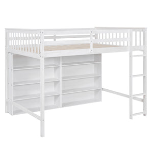 English Elm Full Loft Bed with Built-In Ladder and 8 Open Shelves, Space-Saving Full Pine Wood Study Loft White GX001034AAK
