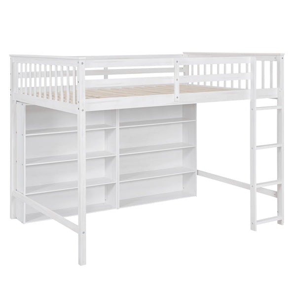 English Elm Full Loft Bed with Built-In Ladder and 8 Open Shelves, Space-Saving Full Pine Wood Study Loft White GX001034AAK