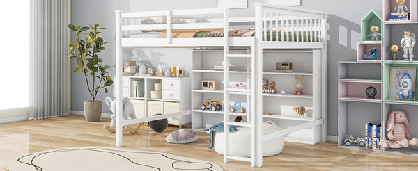 English Elm Full Loft Bed with Built-In Ladder and 8 Open Shelves, Space-Saving Full Pine Wood Study Loft White GX001034AAK
