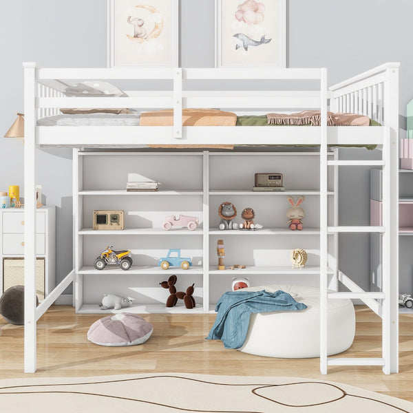 English Elm Full Loft Bed with Built-In Ladder and 8 Open Shelves, Space-Saving Full Pine Wood Study Loft White GX001034AAK