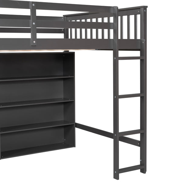 English Elm Full Loft Bed with Built-In Ladder and 8 Open Shelves, Space-Saving Full Pine Wood Study Loft Gray GX001034AAE