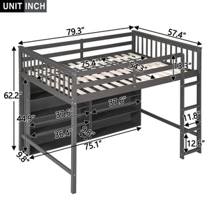 English Elm Full Loft Bed with Built-In Ladder and 8 Open Shelves, Space-Saving Full Pine Wood Study Loft Gray GX001034AAE