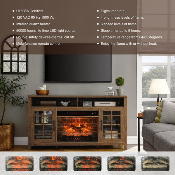 English Elm 55 Inch Fireplace Tv Stand with Infrared Heater Gray Wash Finish Media Storage W1769132634