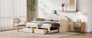 English Elm Twin Upholstered Daybed with Cloud Backrest, Trundle & 2 Storage Drawers, USB Ports, Space-Saving Design Beige SF000070AAA