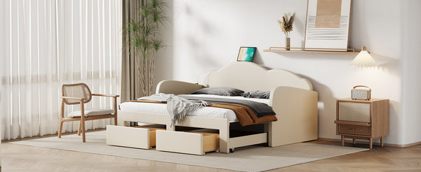 English Elm Twin Upholstered Daybed with Cloud Backrest, Trundle & 2 Storage Drawers, USB Ports, Space-Saving Design Beige SF000070AAA