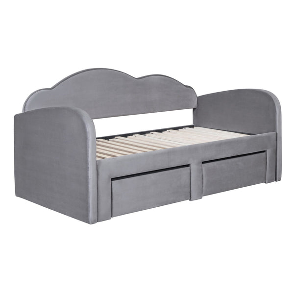 English Elm Twin Upholstered Daybed with Cloud Backrest, Trundle & 2 Storage Drawers, USB Ports, Space-Saving Design Gray SF000070AAE