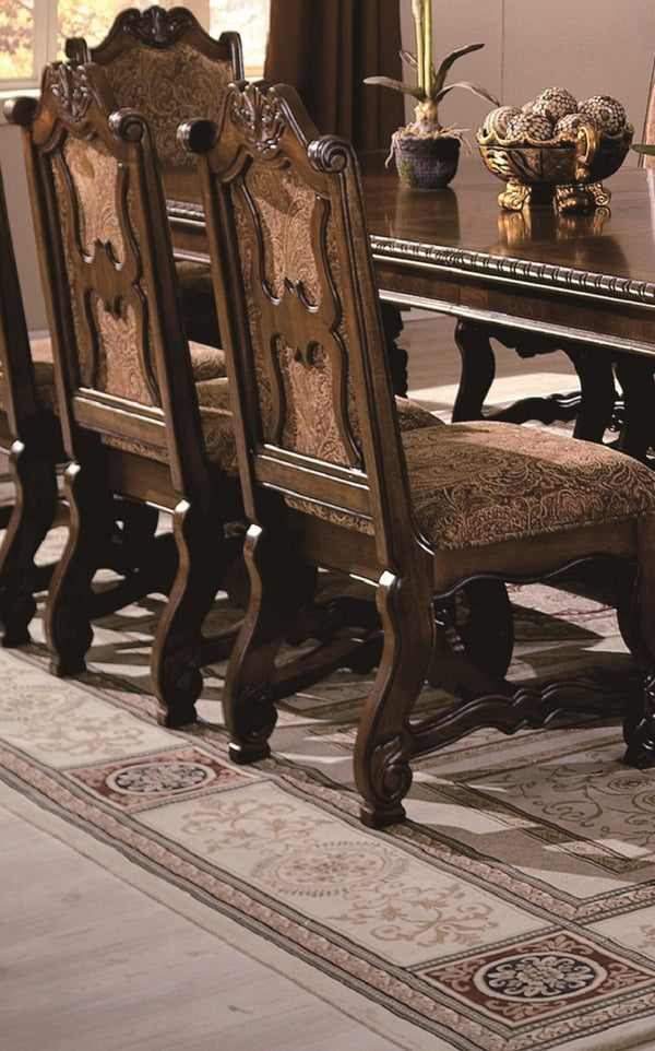 English Elm 2pc Traditional Dining Side Chairs with Upholstered Padded Seat & Back, Solid Wood, Carved Luscious Brown Finish B011P145132
