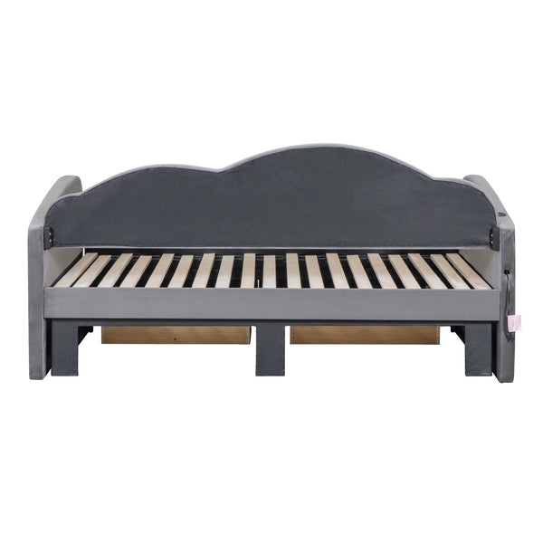 English Elm Twin Upholstered Daybed with Cloud Backrest, Trundle & 2 Storage Drawers, USB Ports, Space-Saving Design Gray SF000070AAE