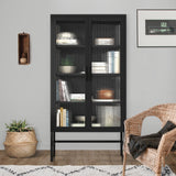 English Elm Double Glass Door Storage Cabinet With Adjustable Shelves and Feet Cold-Rolled Steel Sideboard Furniture For Living Room Kitchen Black