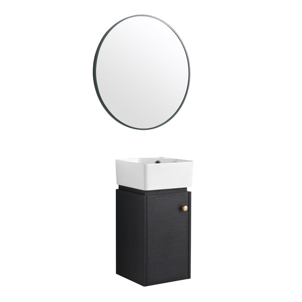 English Elm Bathroom Vanity Wall-Mount 12" Sink Compact Small Bathroom Vanity with Ceramic Basin, Soft-Close Door, Water-Resistant Plywood Finish W999140774