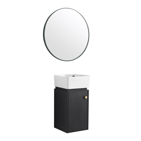 English Elm Bathroom Vanity Wall-Mount 12" Sink Compact Small Bathroom Vanity with Ceramic Basin, Soft-Close Door, Water-Resistant Plywood Finish W999140774