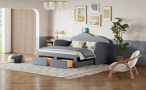 English Elm Twin Upholstered Daybed with Cloud Backrest, Trundle & 2 Storage Drawers, USB Ports, Space-Saving Design Gray SF000070AAE