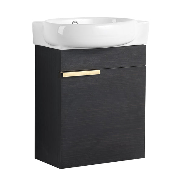 English Elm Soft Close 16" Wall-Mounted Bathroom Vanity with Round Ceramic Vessel Sink, Soft-Closing Doors, Water-Resistant Plywood Finish W999140772