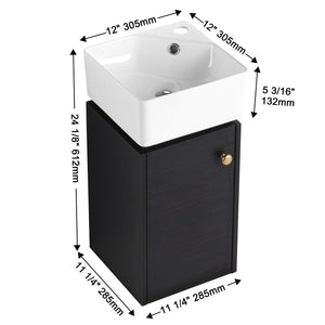 English Elm Bathroom Vanity Wall-Mount 12" Sink Compact Small Bathroom Vanity with Ceramic Basin, Soft-Close Door, Water-Resistant Plywood Finish W999140774