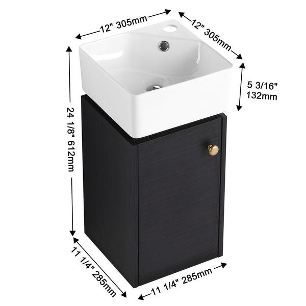 English Elm Bathroom Vanity Wall-Mount 12" Sink Compact Small Bathroom Vanity with Ceramic Basin, Soft-Close Door, Water-Resistant Plywood Finish W999140774