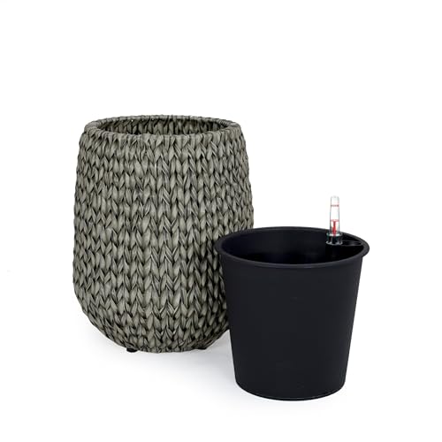 English Elm 13.4" Self-watering Wicker Planter with Plastic Liner for Indoor & Outdoor Plants, Handwoven Charm Gray B046P144670