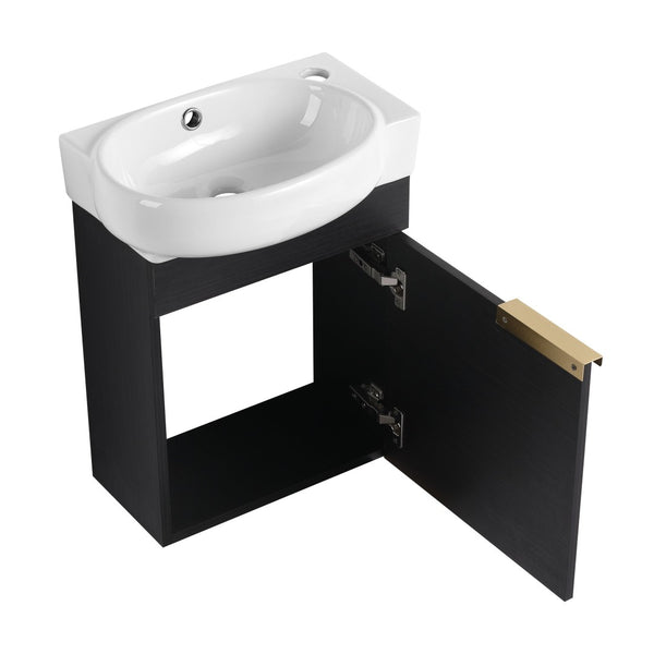 English Elm Soft Close Wall Mounted Bathroom Vanity with Ceramic Vessel Sink and Storage Rack W999S00489