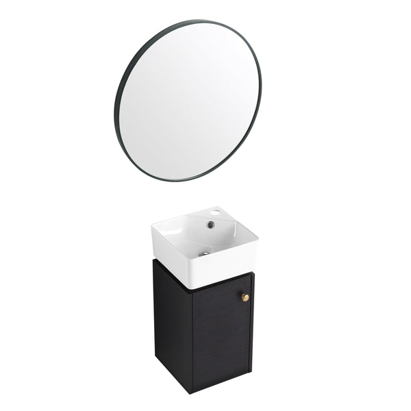 English Elm Bathroom Vanity Wall-Mount 12" Sink Compact Small Bathroom Vanity with Ceramic Basin, Soft-Close Door, Water-Resistant Plywood Finish W999140774