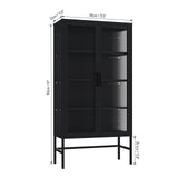 English Elm Double Glass Door Storage Cabinet With Adjustable Shelves and Feet Cold-Rolled Steel Sideboard Furniture For Living Room Kitchen Black