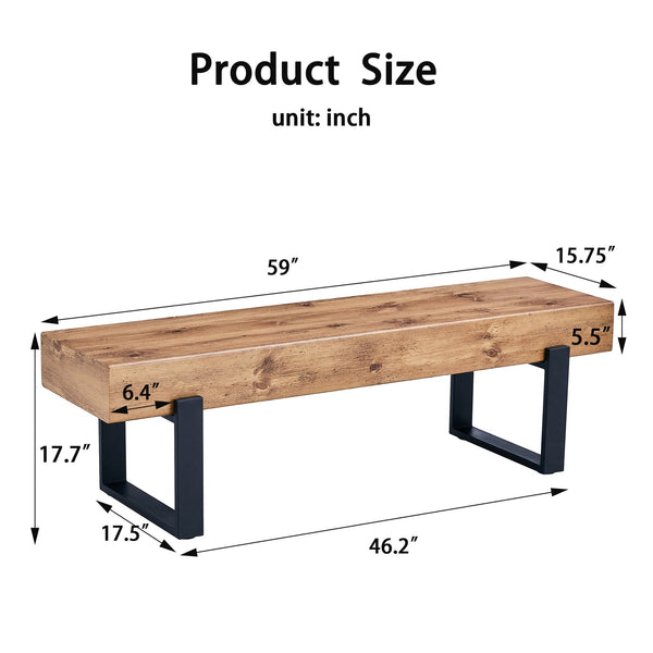 English Elm 59" Farmhouse Dining Bench with Metal Legs — 59x15.75in Sturdy Entryway, Shoe & Bed Bench, 250lb Capacity WF320038AAE