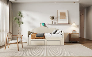 English Elm Twin Upholstered Daybed with Cloud Backrest, Trundle & 2 Storage Drawers, USB Ports, Space-Saving Design Beige SF000070AAA