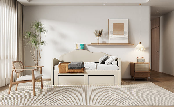 English Elm Twin Upholstered Daybed with Cloud Backrest, Trundle & 2 Storage Drawers, USB Ports, Space-Saving Design Beige SF000070AAA