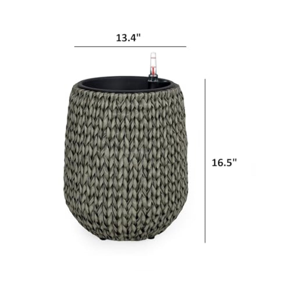 English Elm 13.4" Hand-woven Wicker Self-watering Round Planter Gray Indoor Outdoor Patio B046P144670