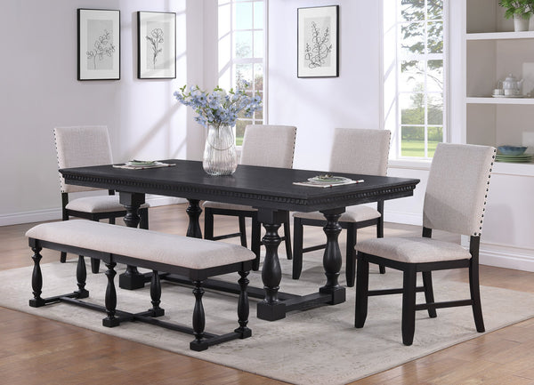 English Elm Transitional Rustic Trestle Dining Table 86" x 42" Solid Wood Rectangular Dark Finish Turned Legs, Dentil Detail B011S00971