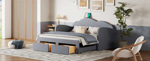 English Elm Twin Upholstered Daybed with Cloud Backrest, Trundle & 2 Storage Drawers, USB Ports, Space-Saving Design Gray SF000070AAE
