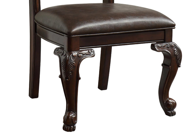 English Elm Beautiful Hand Carved Dining Side Chair Set of 2 - Traditional Padded Faux Leather, Button Tufted Back, Solid Wood Brown Espresso Finish B011P145131
