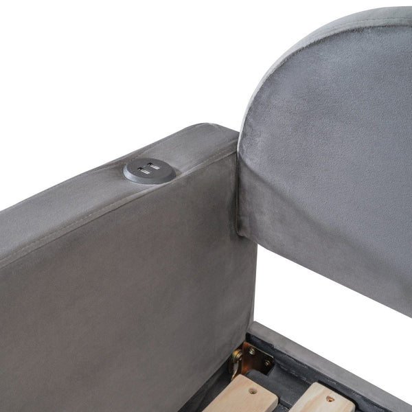 English Elm Twin Upholstered Daybed with Cloud Backrest, Trundle & 2 Storage Drawers, USB Ports, Space-Saving Design Gray SF000070AAE