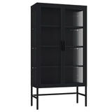 English Elm Double Glass Door Storage Cabinet With Adjustable Shelves and Feet Cold-Rolled Steel Sideboard Furniture For Living Room Kitchen Black