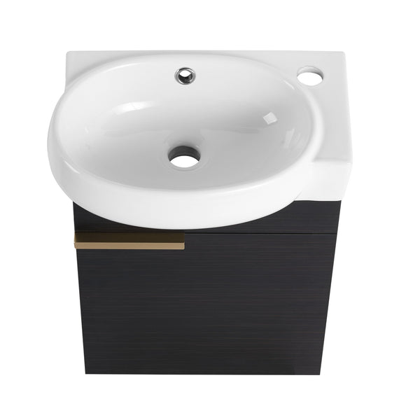 English Elm Soft Close 16" Wall-Mounted Bathroom Vanity with Round Ceramic Vessel Sink, Soft-Closing Doors, Water-Resistant Plywood Finish W999140772
