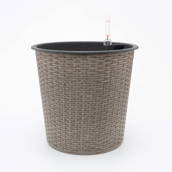 English Elm 13 in. Gray Wicker Self-watering Planter – Hand‑woven Recyclable Pot with Secure Liner & Easy Self‑Watering System, 14.5" B046P144637