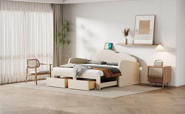 English Elm Twin Upholstered Daybed with Cloud Backrest, Trundle & 2 Storage Drawers, USB Ports, Space-Saving Design Beige SF000070AAA