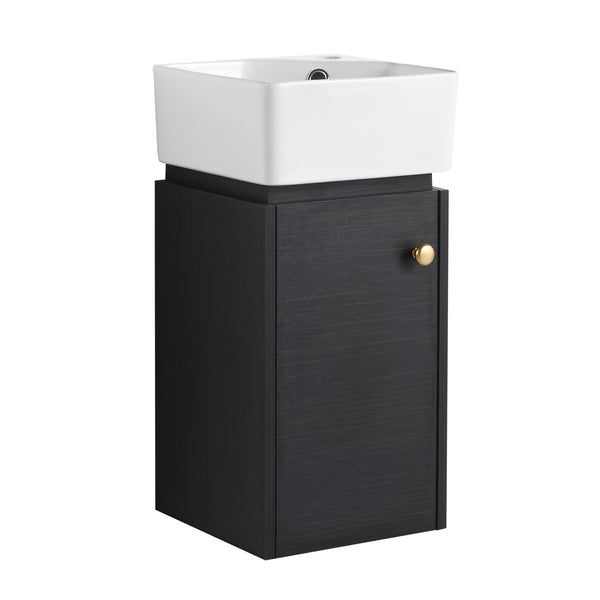 English Elm Bathroom Vanity Wall-Mount 12" Sink Compact Small Bathroom Vanity with Ceramic Basin, Soft-Close Door, Water-Resistant Plywood Finish W999140774