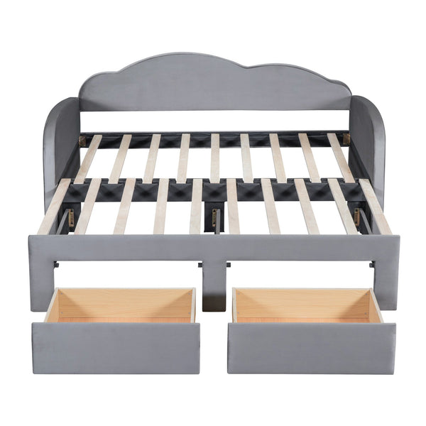 English Elm Twin Upholstered Daybed with Cloud Backrest, Trundle & 2 Storage Drawers, USB Ports, Space-Saving Design Gray SF000070AAE