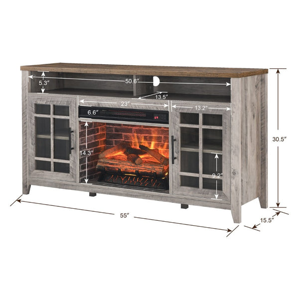 English Elm 55 Inch Fireplace Tv Stand with Infrared Heater Gray Wash Finish Media Storage W1769132643