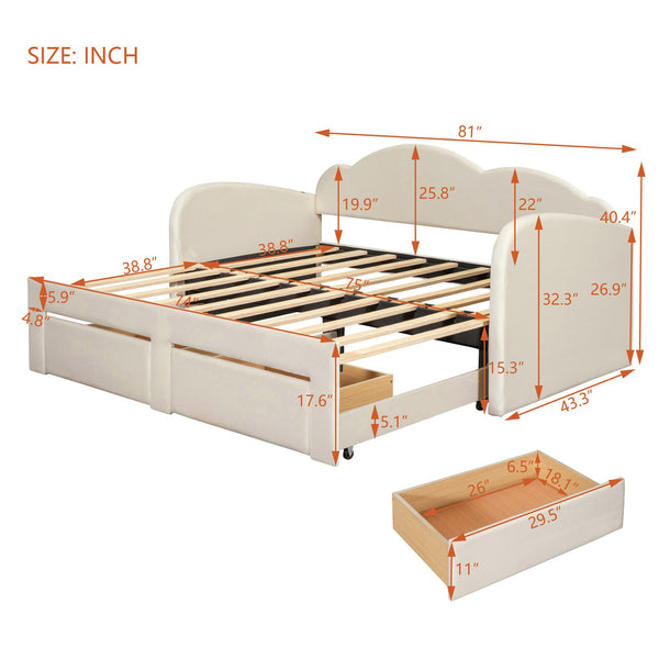 English Elm Twin Upholstered Daybed with Cloud Backrest, Trundle & 2 Storage Drawers, USB Ports, Space-Saving Design Beige SF000070AAA
