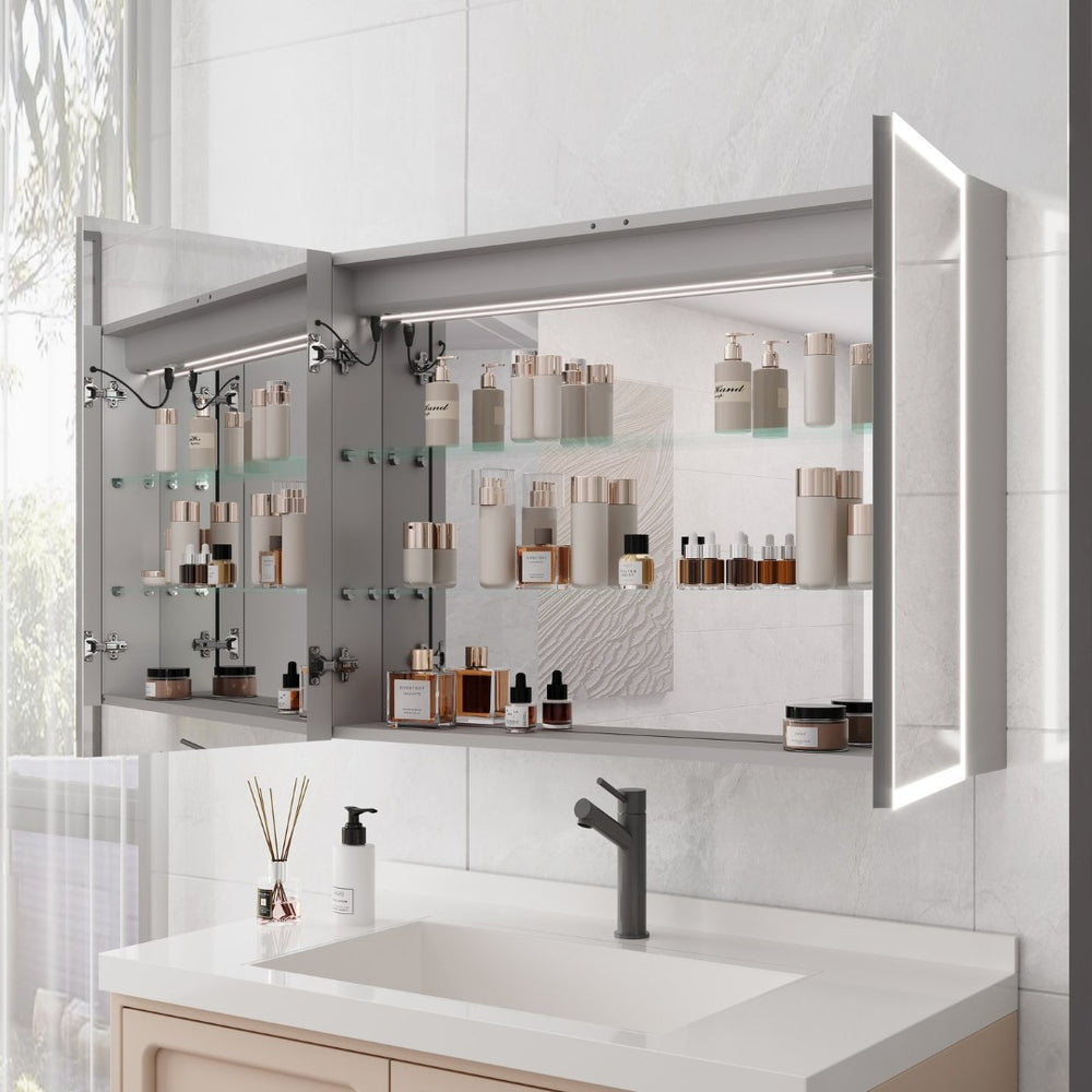 English Elm Bathroom Led Medicine Cabinet with Mirror Defogger Dimmer Clock and Charging Ports W1738P145172