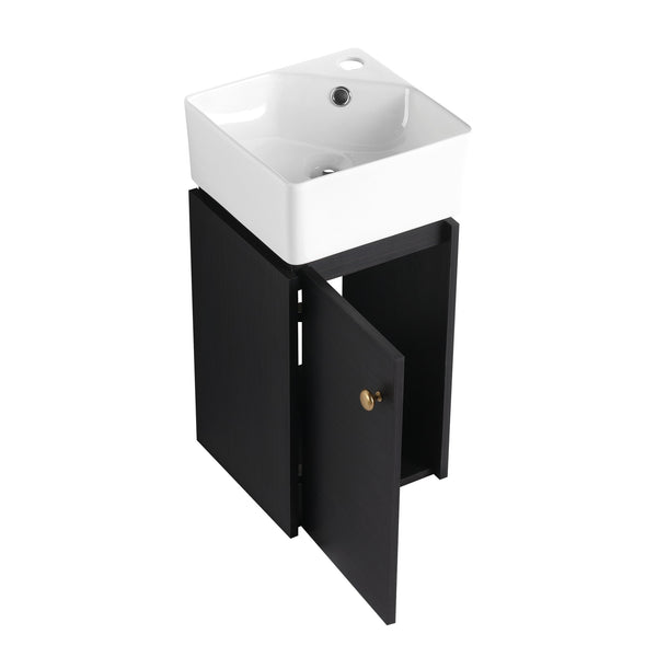 English Elm Bathroom Vanity Wall-Mount 12" Sink Compact Small Bathroom Vanity with Ceramic Basin, Soft-Close Door, Water-Resistant Plywood Finish W999140774