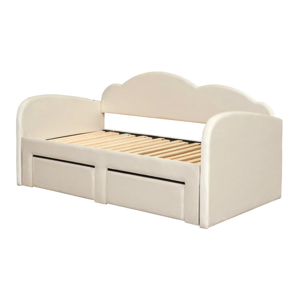 English Elm Twin Upholstered Daybed with Cloud Backrest, Trundle & 2 Storage Drawers, USB Ports, Space-Saving Design Beige SF000070AAA